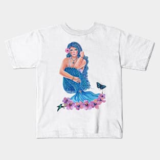 Tropical blue mermaid art by Renee Lavoie Kids T-Shirt